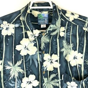 Hawaiian Moon Aloha Shirt Men’s XL Blue White Hibiscus Flower Button Front
